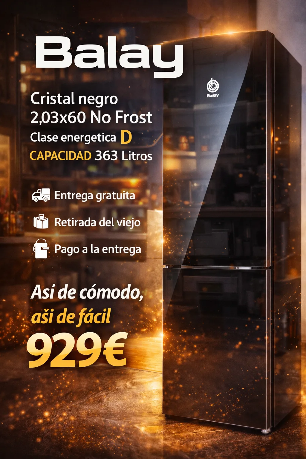 Refrigerador Balay negro con especificaciones técnicas